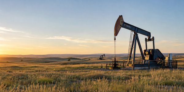 Oil pumpjack in rolling grassland at sunrise