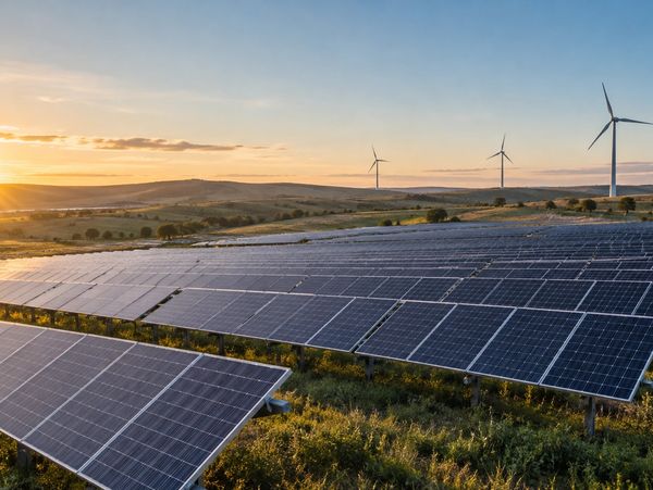 Solar panels and wind turbines across rural grassland at sunrise