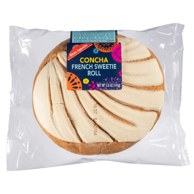 Packaged Concha French Sweetie Roll in clear wrapper.