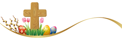 Easter-themed wooden cross with decorated eggs, tulips, and pussy willow branches.