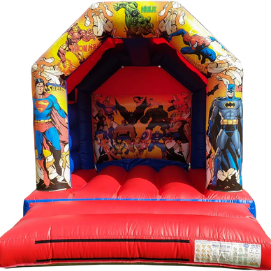 Red Superheroes 10 x 12 ft bouncy castle | Abbey Bouncy Castles | www.abbeybouncycastles.com