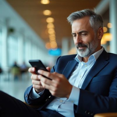 Middle-aged man in a suit using his smartphone in a modern office lounge.