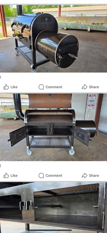 A large black smoker grill with multiple compartments and wheels for mobility.