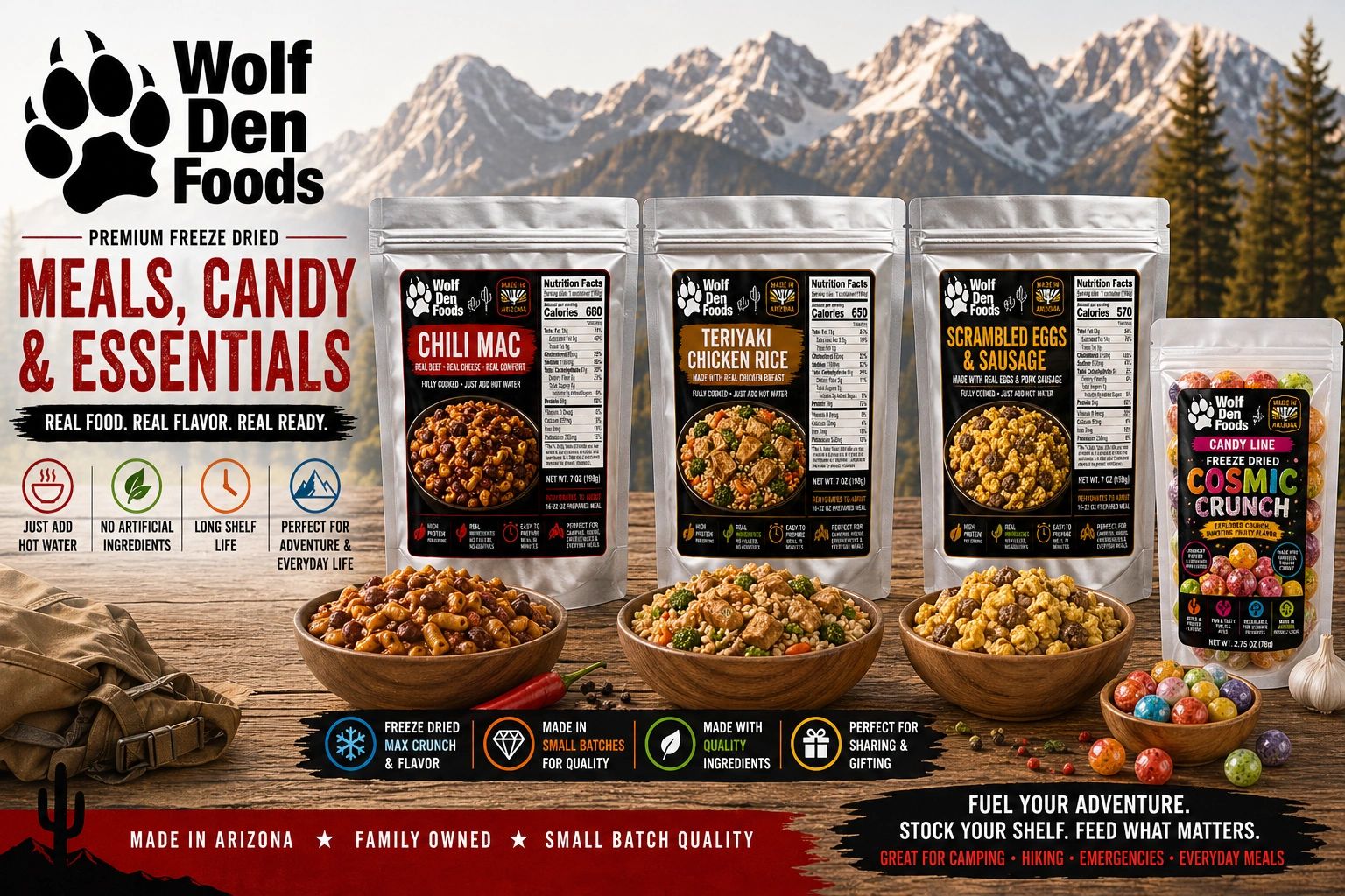 Wolf Den Foods offers premium freeze dried meals and candy for outdoor adventures and everyday life.