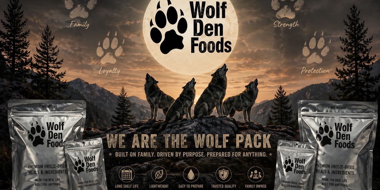 Wolf Den Foods ad featuring wolves howling with mountain backdrop.