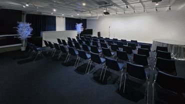 Empty conference room with rows of chairs and a microphone on stage.