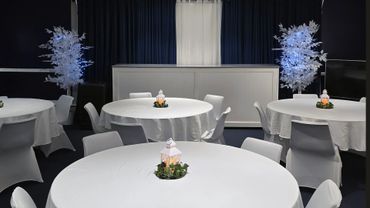 Elegant event room with white-covered round tables and illuminated decorative trees.