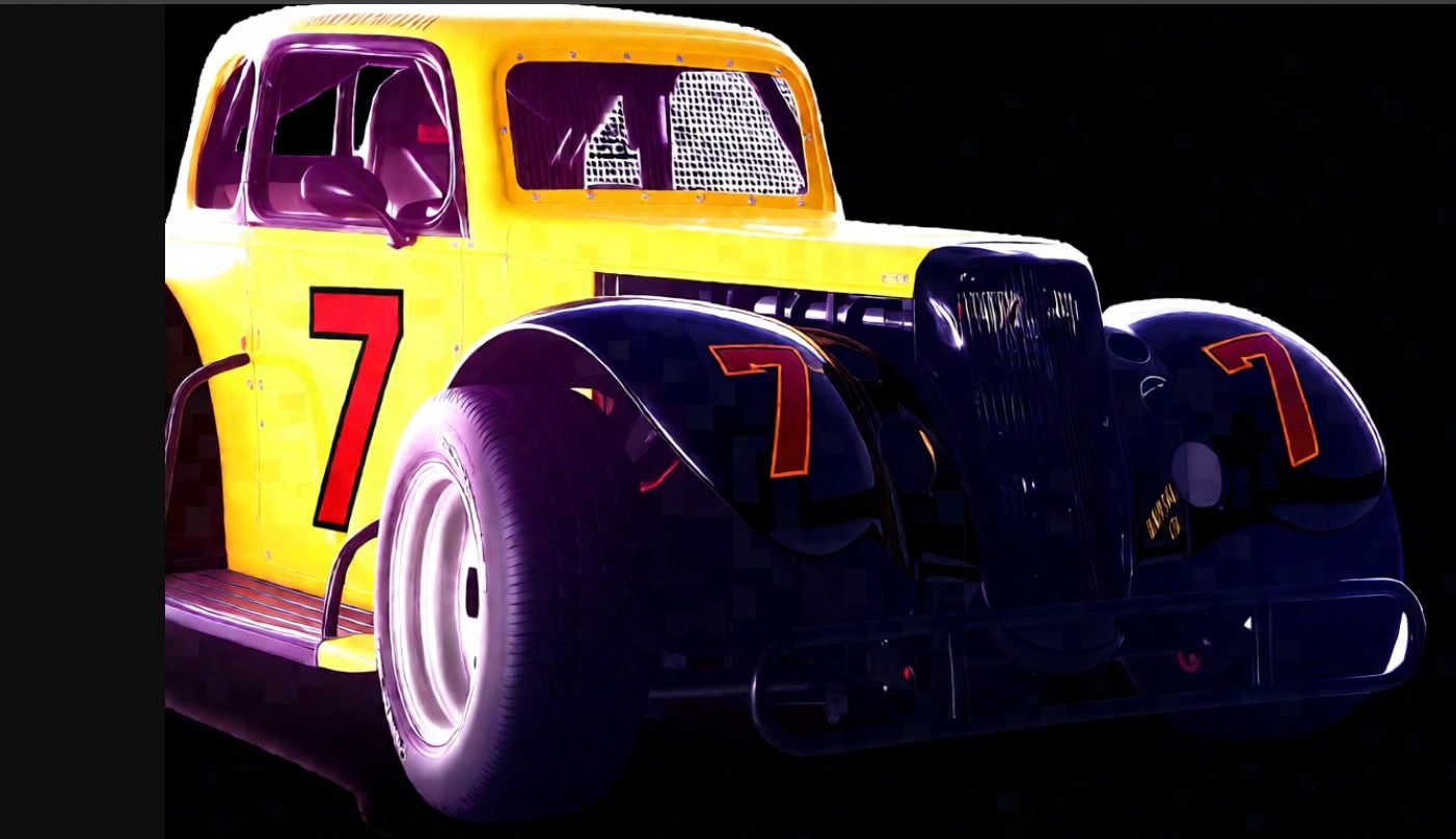 A vintage yellow and black race car with the number 7 on it.