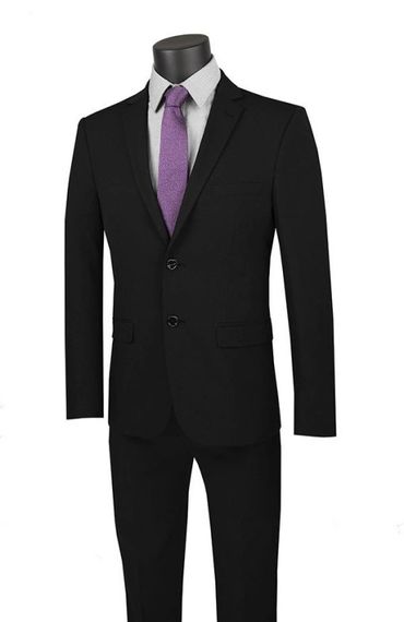 black tuxedo with purple necktie 