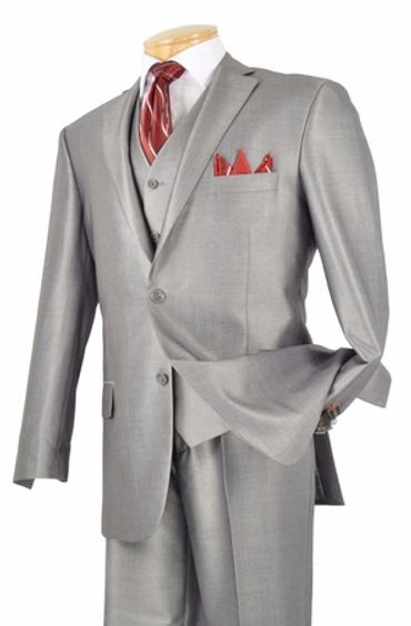 gray suit with red tie