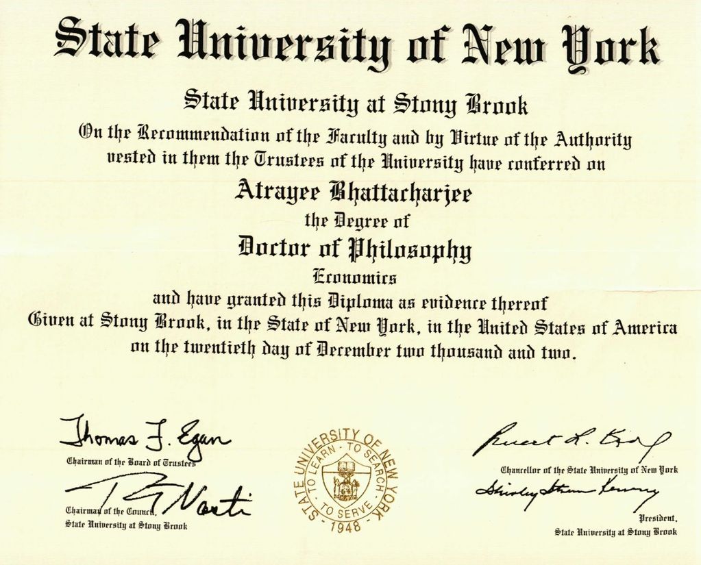 Doctor of Philosophy diploma from State University of New York, Stony Brook.