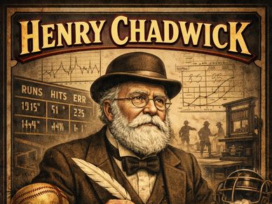 Portrait of Henry Chadwick, pioneer of baseball statistics, with vintage baseball elements.