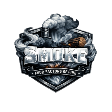 Emblematic design showcasing smoke and fire elements with the word 'SMOKE'.