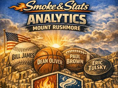 Sports-themed artwork featuring baseball, basketball, football, and hockey with names on Mount Rushmore.