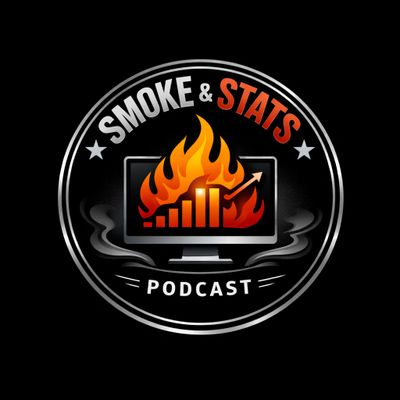Logo for Smoke & Stats podcast with a fiery bar chart on a computer screen.