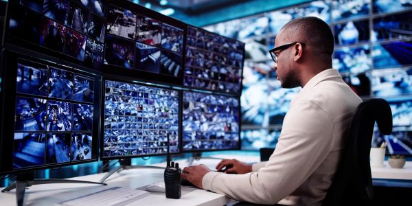 Security officer monitoring multiple surveillance screens.