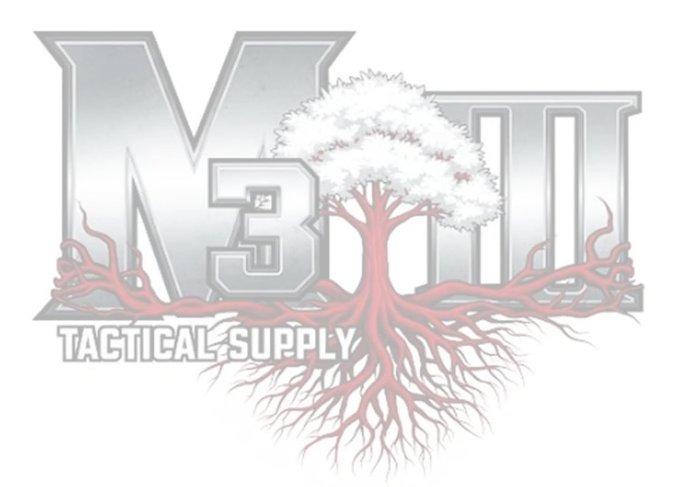 Logo with metallic text, a white tree, and red roots for M3 Tactical Supply.