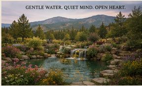 Peaceful garden with waterfall and mountains in the background.