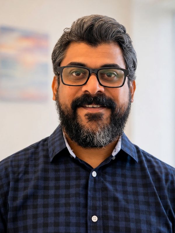 Man with glasses and beard smiling.