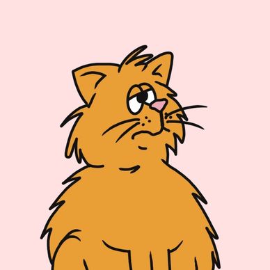 Sad-looking orange cartoon cat sitting on a pink background.