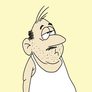 Cartoon of a tired, unshaven man in a white tank top.
