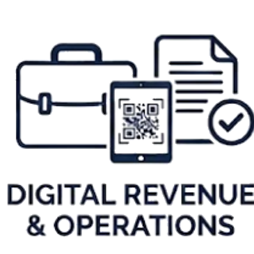 Icon of briefcase, tablet with QR code, document and checkmark for digital revenue and operations.