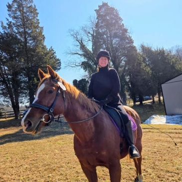 Person smiling on horseback in a sunny field.
