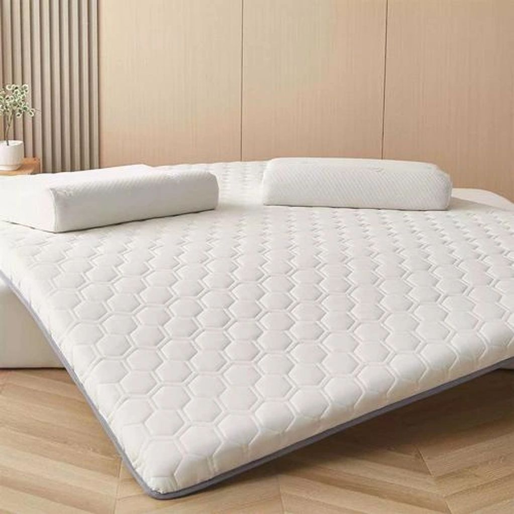 Minimalist bedroom with a white mattress and two pillows on a wooden floor.