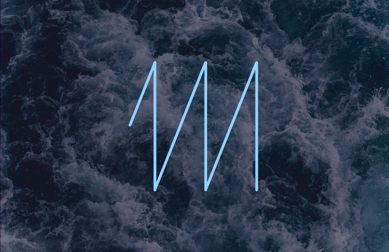 Blue neon zigzag lines over turbulent water.