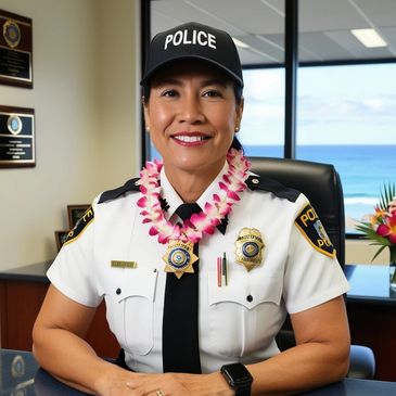 Police Chief Lana Law of theatrical murder mystery "Hulas and Homicide" by Jack Pachuta.
