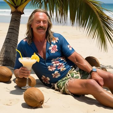 Aging surfer Mitch Awave of theatrical murder mystery "Hulas and Homicide" by Jack Pachuta.