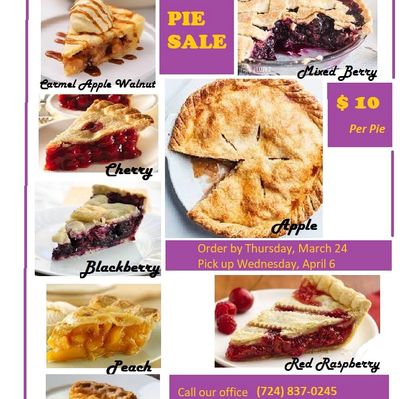 Variety of pies for sale including apple, cherry, and mixed berry for $10 each.