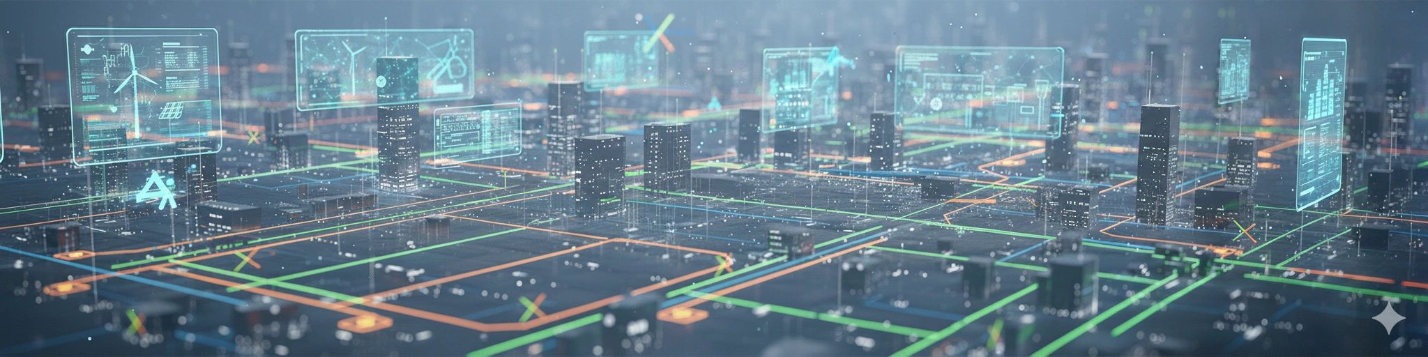 Futuristic digital cityscape with holographic data panels and neon grid lines.