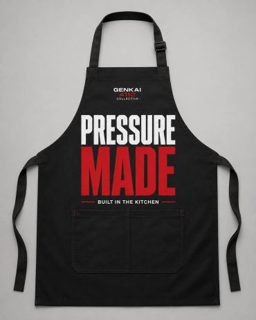 Black apron with bold text 'Pressure Made' in kitchen setting.