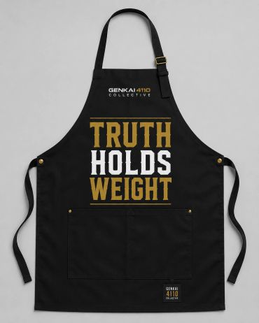Black apron with motivational text.
