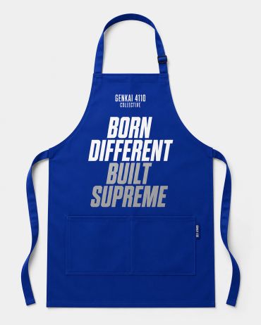 Blue apron with bold white and gray text.