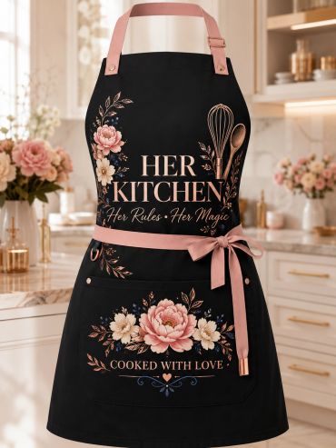 Black apron with pink floral design and text for the kitchen.