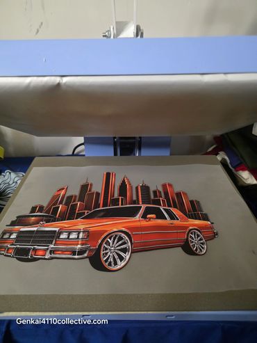 Illustration of an orange classic car with a city skyline.