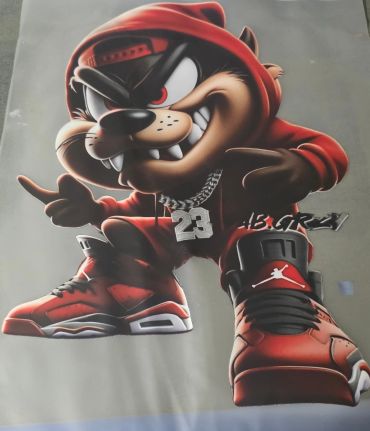 Cartoon character in red hoodie and sneakers with chain.