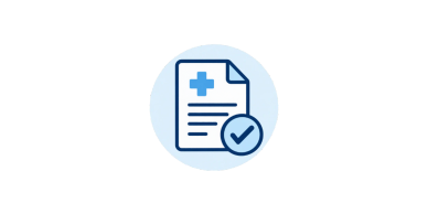 Blue medical document icon with a checkmark.