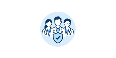 Illustration of three medical professionals with a shield symbol.