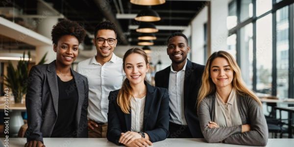 Diverse group of young professionals smiling in a modern office.
