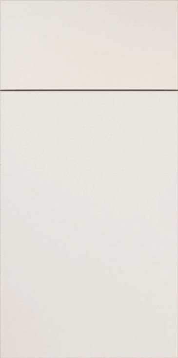 Minimalist white cabinet door with a horizontal handle line.