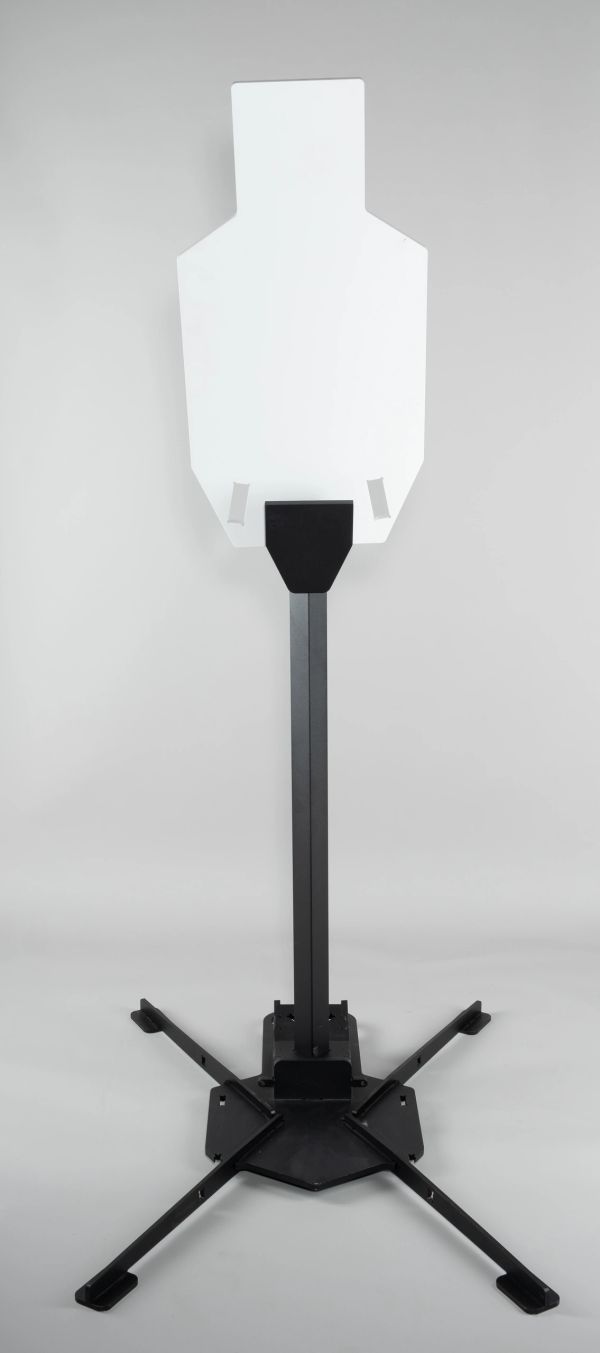 Metal shooting target stand with a white target.