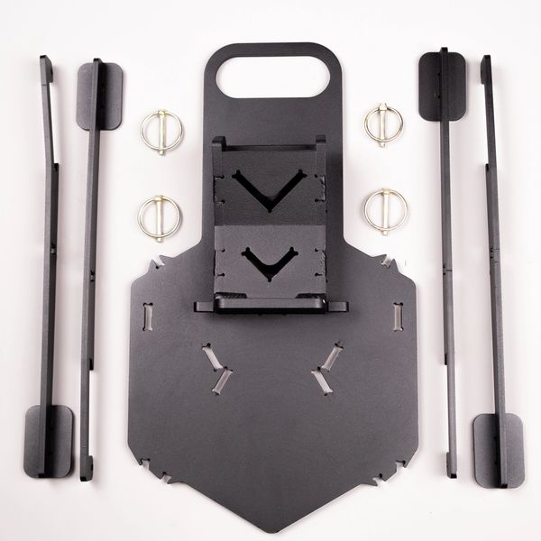 Black metal target stand parts arranged neatly.