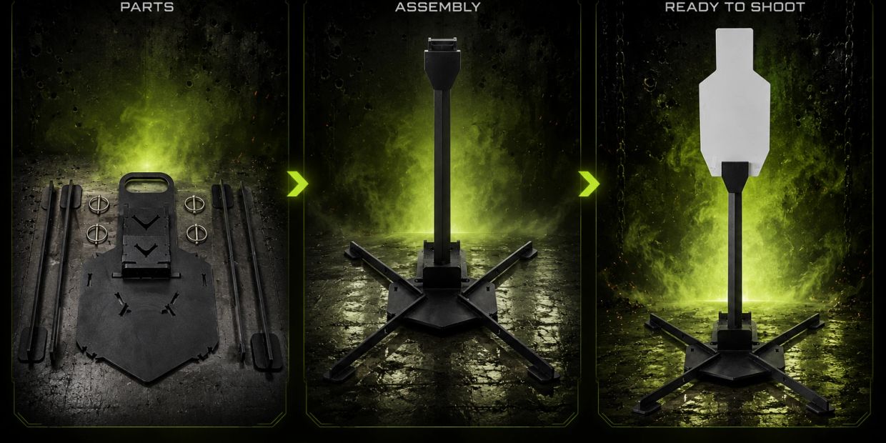 Step-by-step assembly of a shooting target stand.