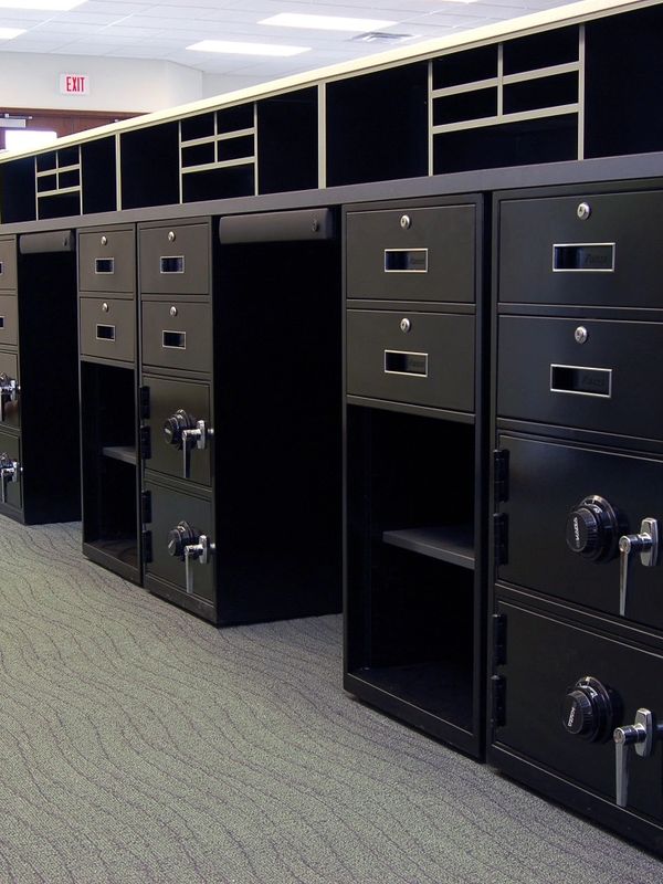 Bank Teller Pods cabinets safes drawers custom millwright desks 