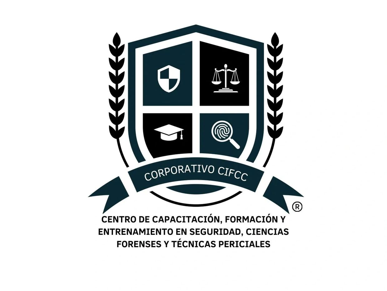 Logo of Corporativo CIFCC with icons representing security, justice, education, and forensics.