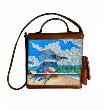 Kingfisher on Willamette River looking at Sauvie Island. Drawn with quill pen and acrylic ink.