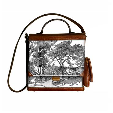 Pen and ink drawing of Alamo Square Park, playground path, San Francisco, CA.